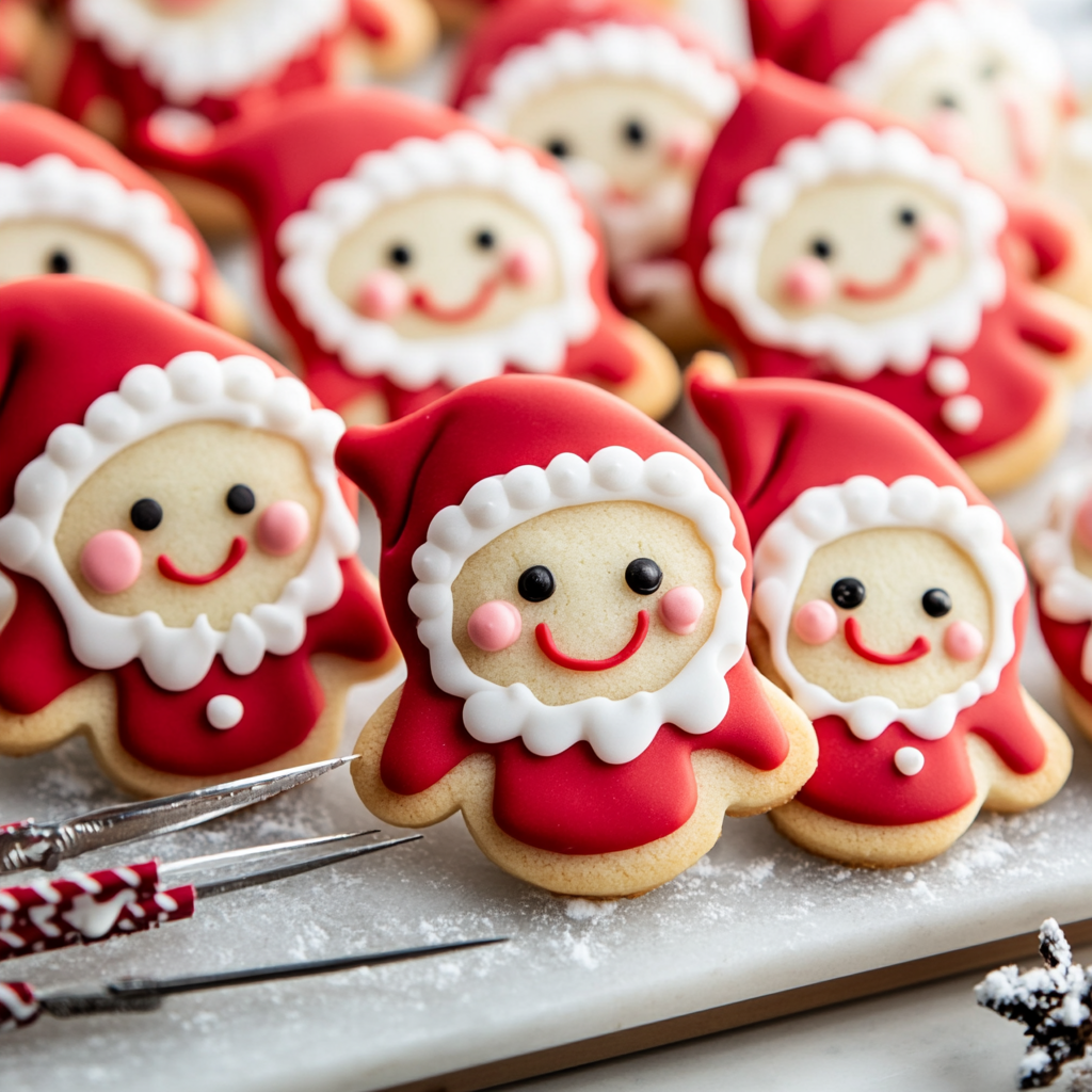 Festive elf-shaped cookies decorated with red and white icing, featuring cheerful faces and holiday designs, placed on a white surface.