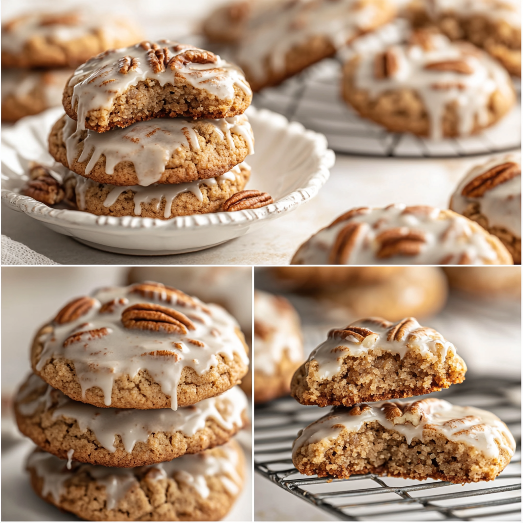 Maple cookies with a glossy glaze and pecan topping, displayed on a plate and cooling rack, highlighting their soft, crumbly texture