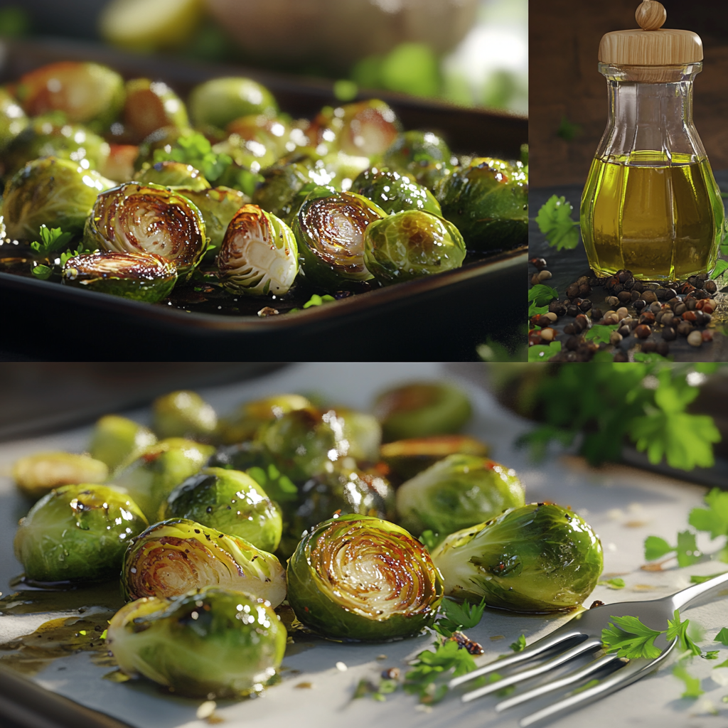 Roasted Brussel sprouts on a baking sheet with olive oil and seasonings, garnished with fresh herbs for a vibrant presentation.