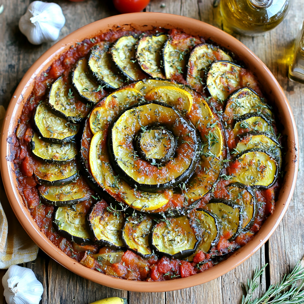 Layered ratatouille with zucchini, eggplant, and tomatoes arranged in a spiral pattern in a rustic dish