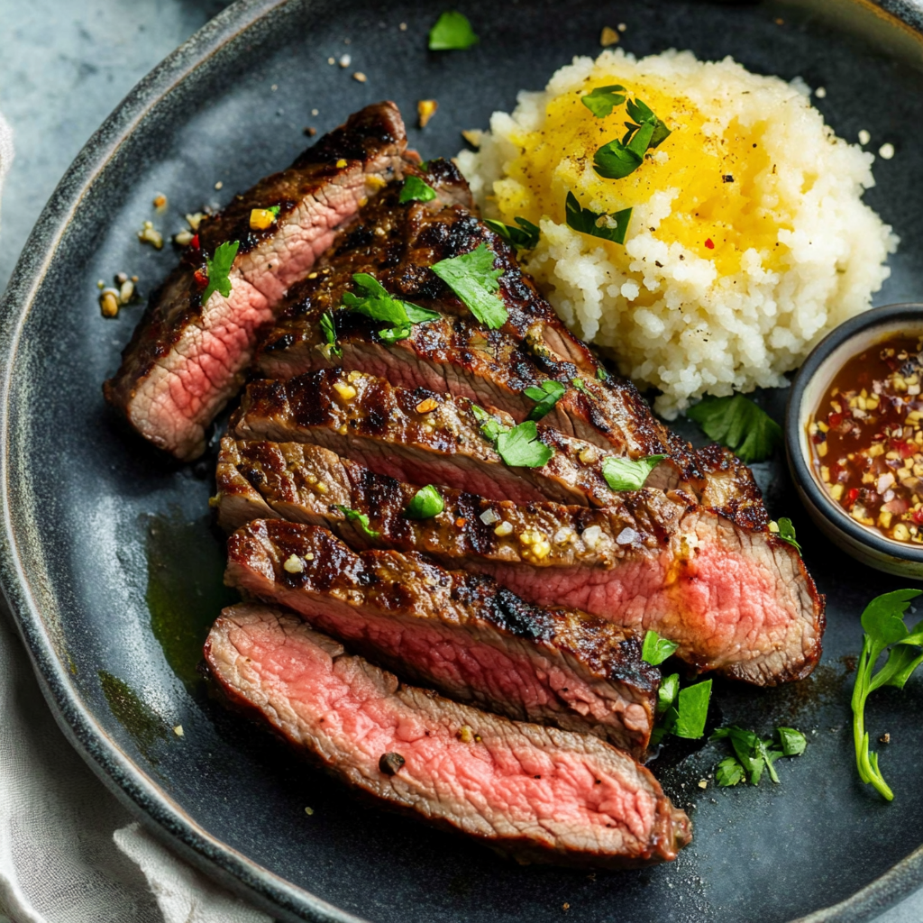 A perfectly grilled and sliced steak served on a dark plate, garnished with fresh parsley, accompanied by mashed potatoes and a side of dipping sauce.