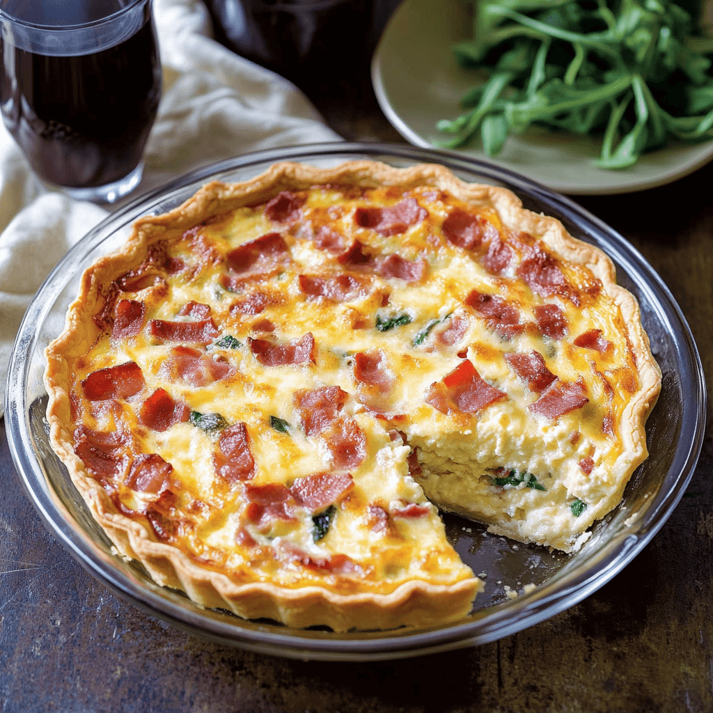 A freshly baked bacon and cheese quiche with a golden crust, served in a glass pie dish, with a slice removed