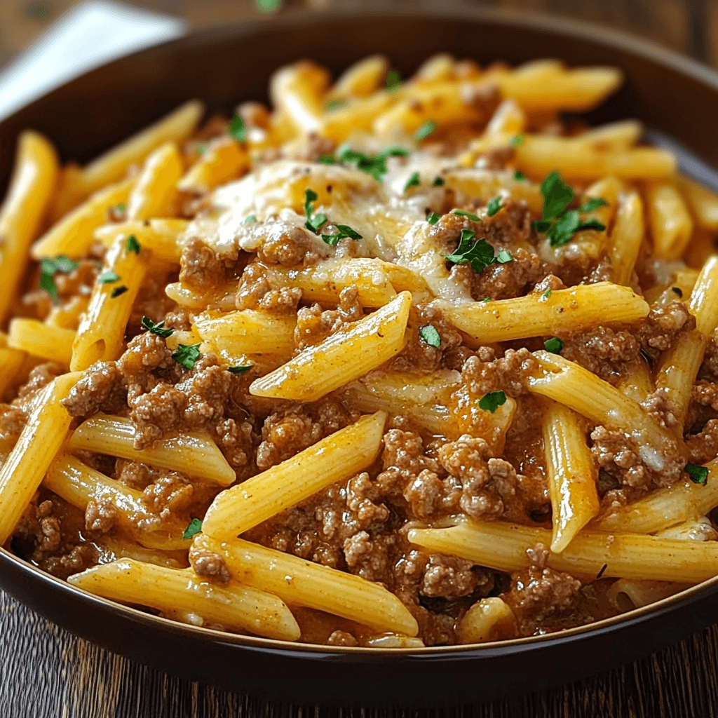 A bowl of cheesy penne pasta with garlic butter ground beef, garnished with fresh parsley