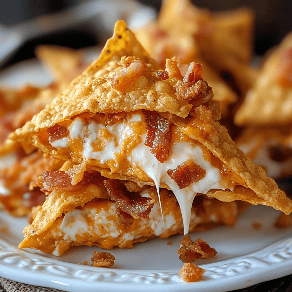 Crispy Doritos stuffed with creamy cheese filling, topped with crumbled bacon.