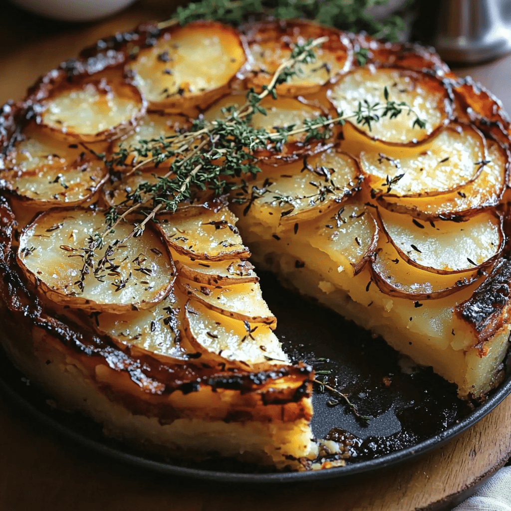 Golden, crispy potato torte topped with fresh thyme, featuring thinly layered potatoes baked to perfection.