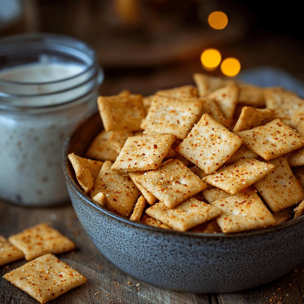 A bowl filled with seasoned square crackers, garnished with red pepper flakes and spices, sitting on a wooden table with a jar of creamy dip in the background