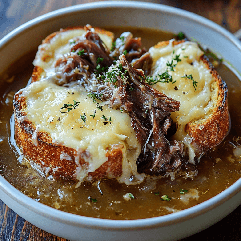 French onion soup topped with tender short ribs, melted Gruyère cheese, and toasted bread in a white bowl