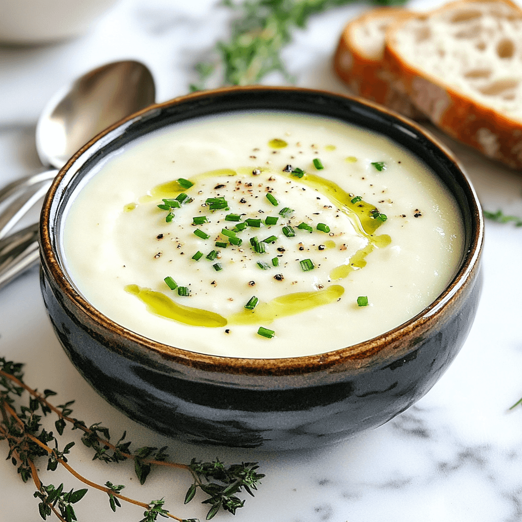 A bowl of creamy homemade potato soup garnished with chopped chives, a drizzle of olive oil, and cracked black pepper, served with a slice of crusty bread on the side.