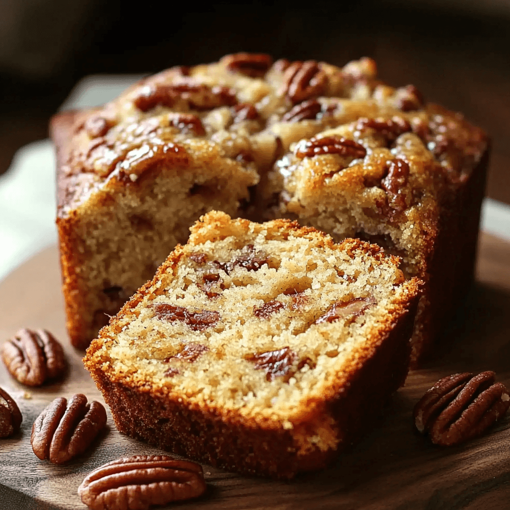 A freshly baked loaf of honey butter pecan bread with a slice cut, showcasing its moist texture and studded pecans, placed on a wooden board surrounded by scattered pecans