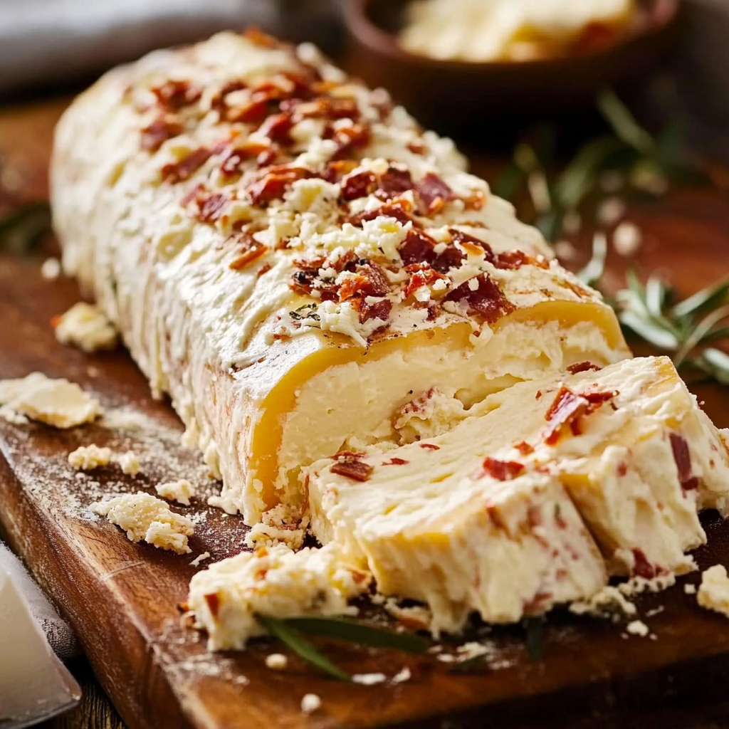 A creamy Italian cheese log topped with crumbled cheese and diced red toppings, served on a wooden cutting board with fresh rosemary garnish