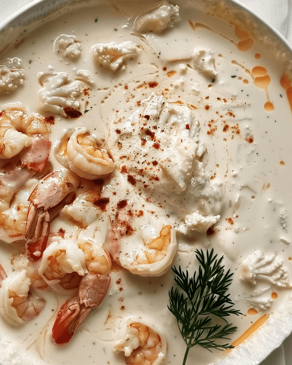 A rich and creamy seafood bisque with shrimp, crab, and cauliflower, garnished with paprika, fresh dill, and a drizzle of oil.