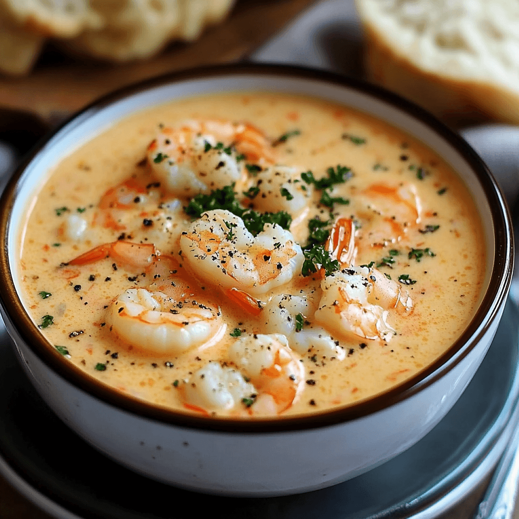 A bowl of creamy seafood bisque, topped with shrimp, crab, fresh parsley, and black pepper, served alongside crusty bread for dipping