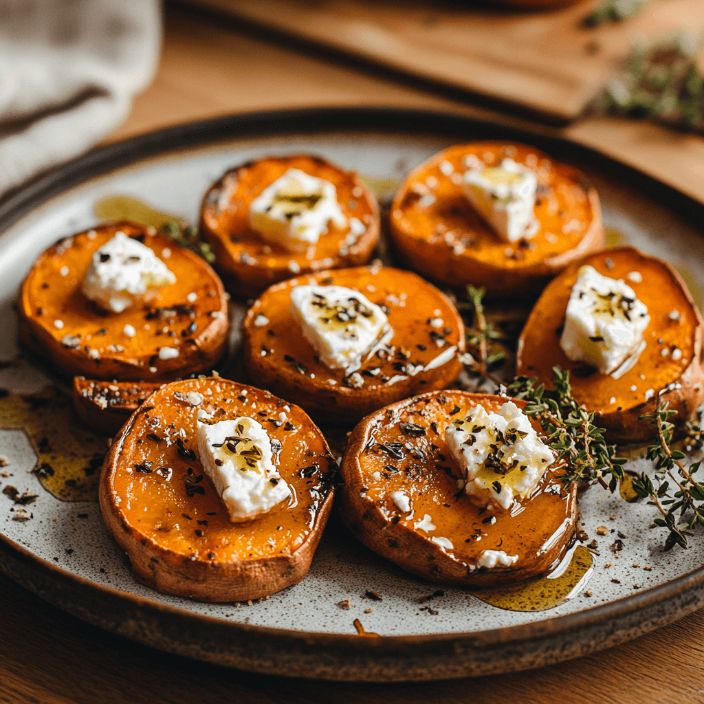 Roasted sweet potato rounds topped with crumbled feta cheese, drizzled with honey, and garnished with fresh thyme on a ceramic plate.