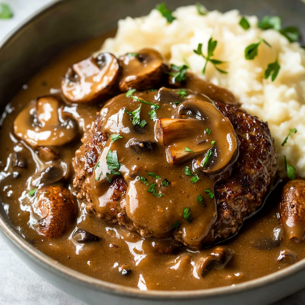 Salisbury steak topped with rich mushroom gravy, served alongside creamy mashed potatoes and garnished with fresh parsley.