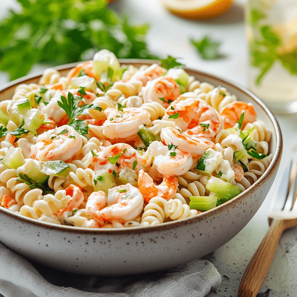 A vibrant bowl of seafood pasta salad with rotini pasta, shrimp, cucumbers, and parsley garnished in a creamy dressing, served on a light background.