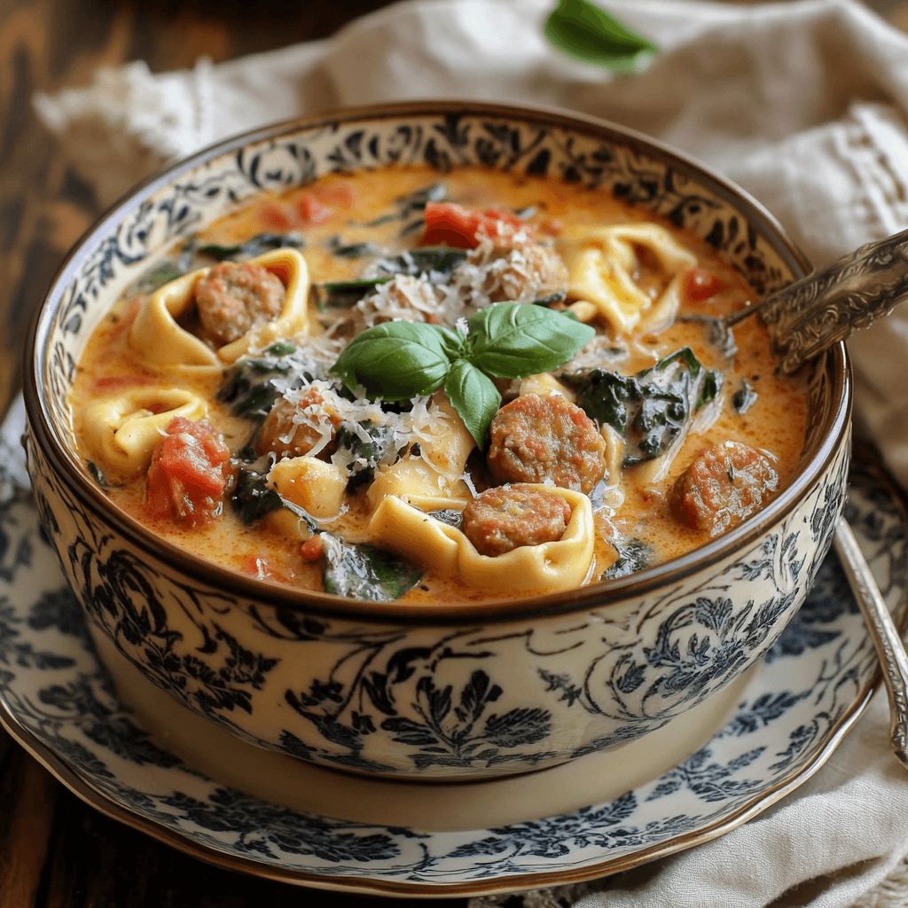 A bowl of creamy tortellini soup with sausage, spinach, and tomatoes, garnished with fresh basil and grated Parmesan cheese, served in an elegant patterned dish