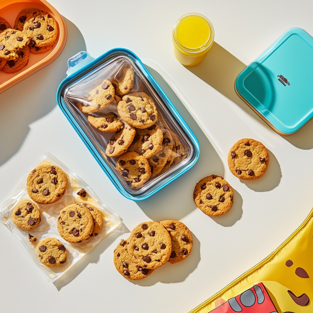 A flat-lay composition of chocolate chip cookies in containers and packaging, paired with a glass of orange juice on a white table.