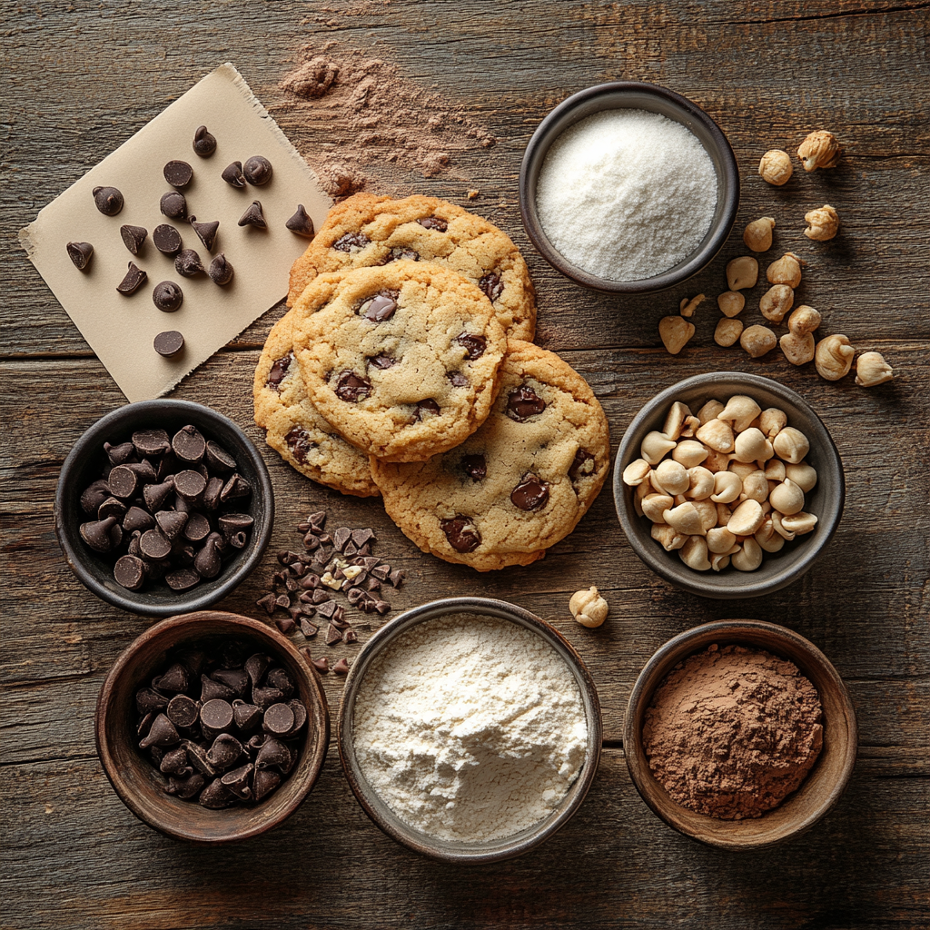 A flat-lay display of chocolate chip cookies surrounded by ingredients like chocolate chips, flour, sugar, cocoa powder, and nuts on a rustic wooden surface.