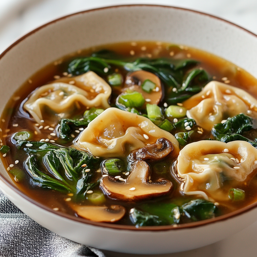 A bowl of potsticker soup with mushrooms, bok choy, and green onions, garnished with sesame seeds, in a flavorful broth.