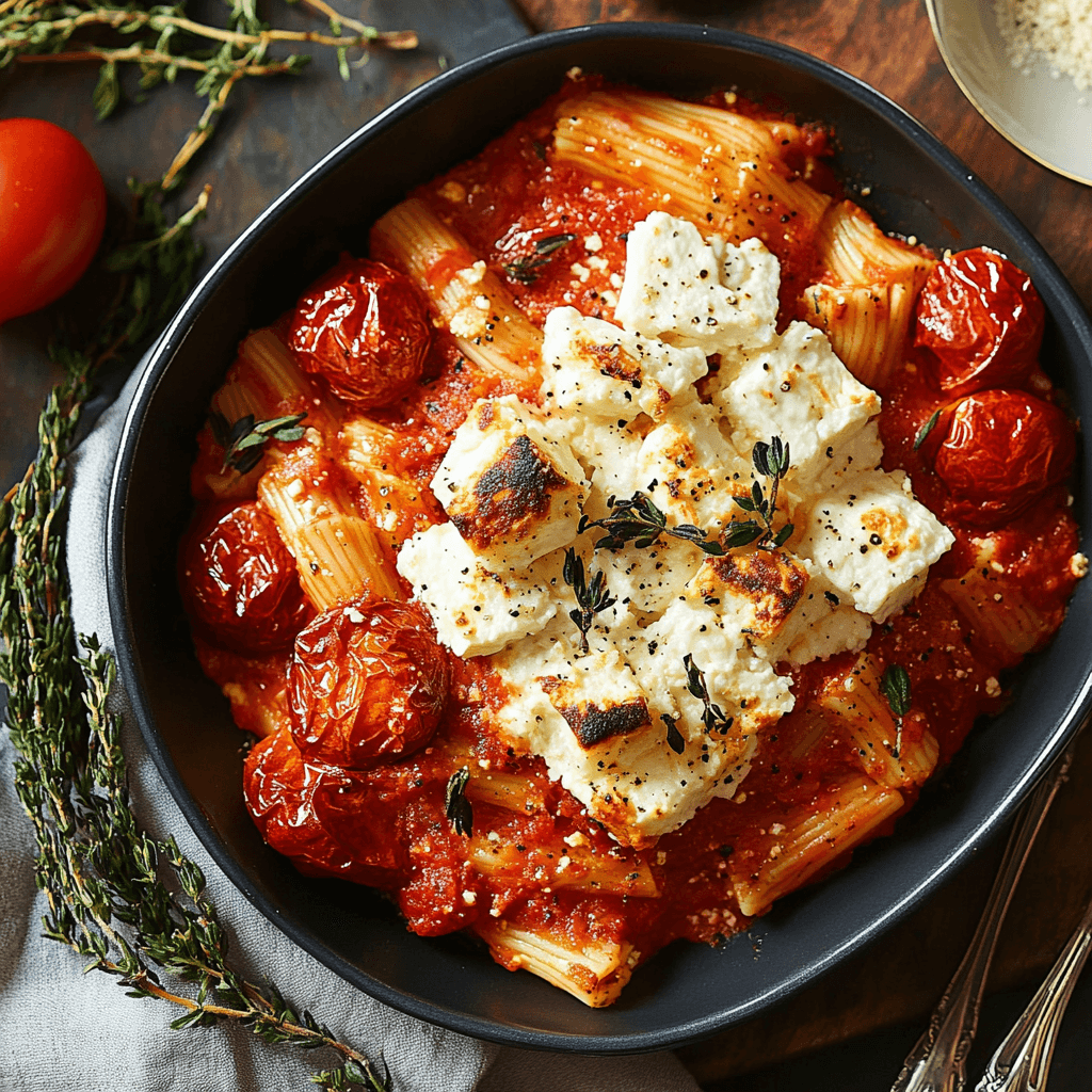 Baked feta pasta with roasted cherry tomatoes, rigatoni, and fresh herbs in a black bowl, garnished with thyme and black pepper.