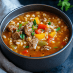 A hearty bowl of beef barley soup with chunks of tender beef, barley, and vibrant vegetables in a rich broth.