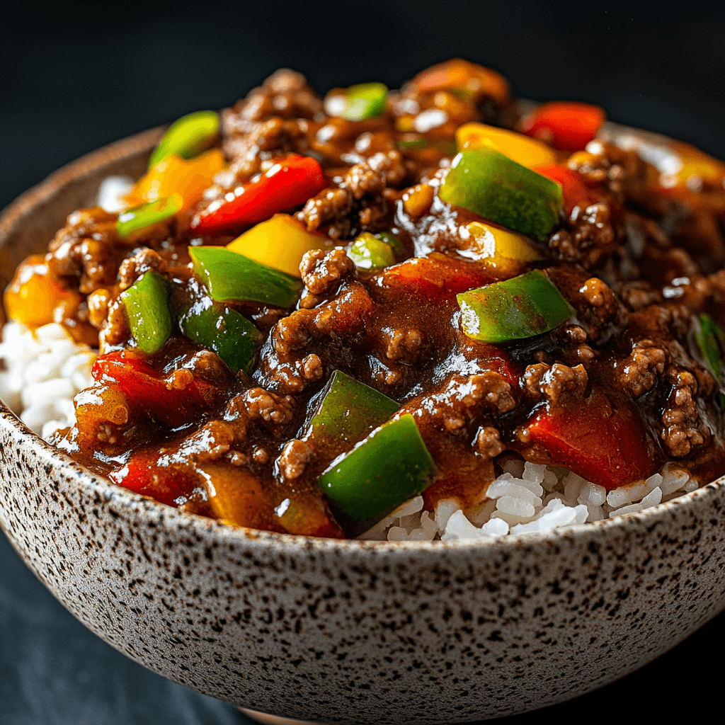 A bowl of Beef and Pepper Rice featuring tender ground beef, colorful bell peppers, and a savory sauce served over white rice.