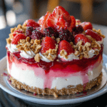 A delicious strawberry crunch cheesecake topped with fresh strawberries, blackberries, whipped cream, and a crunchy crumble, drizzled with berry sauce.