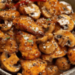 Black Pepper Chicken with Mushrooms in a savory glaze, garnished with sesame seeds and spices.