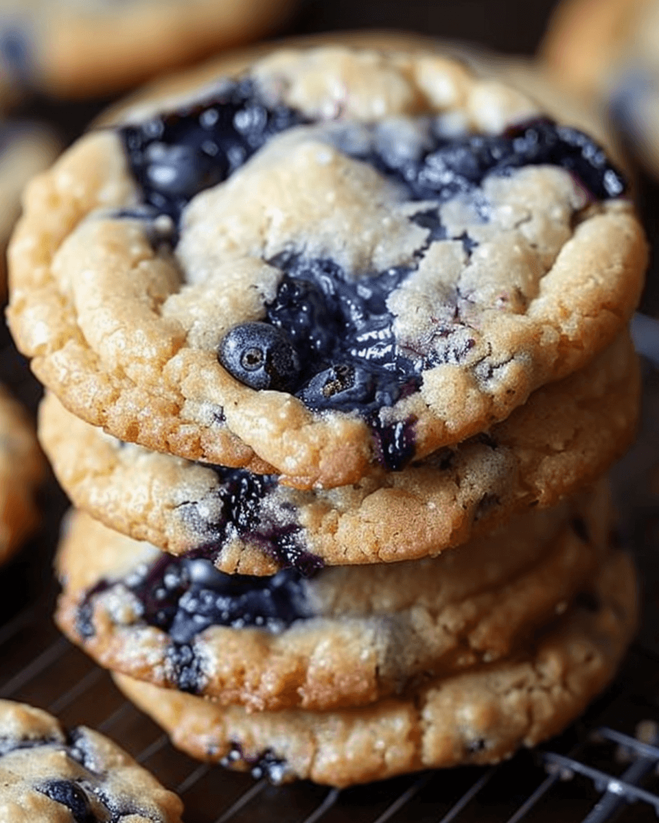 Stack of freshly baked blueberry cheesecake cookies with golden edges and juicy blueberries.