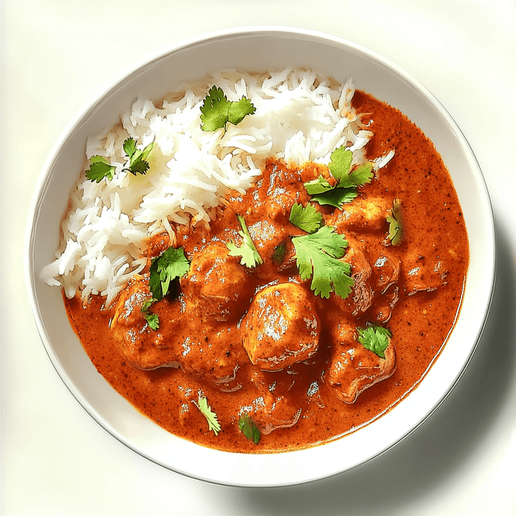 A bowl of butter chicken served with white basmati rice, garnished with fresh cilantro.