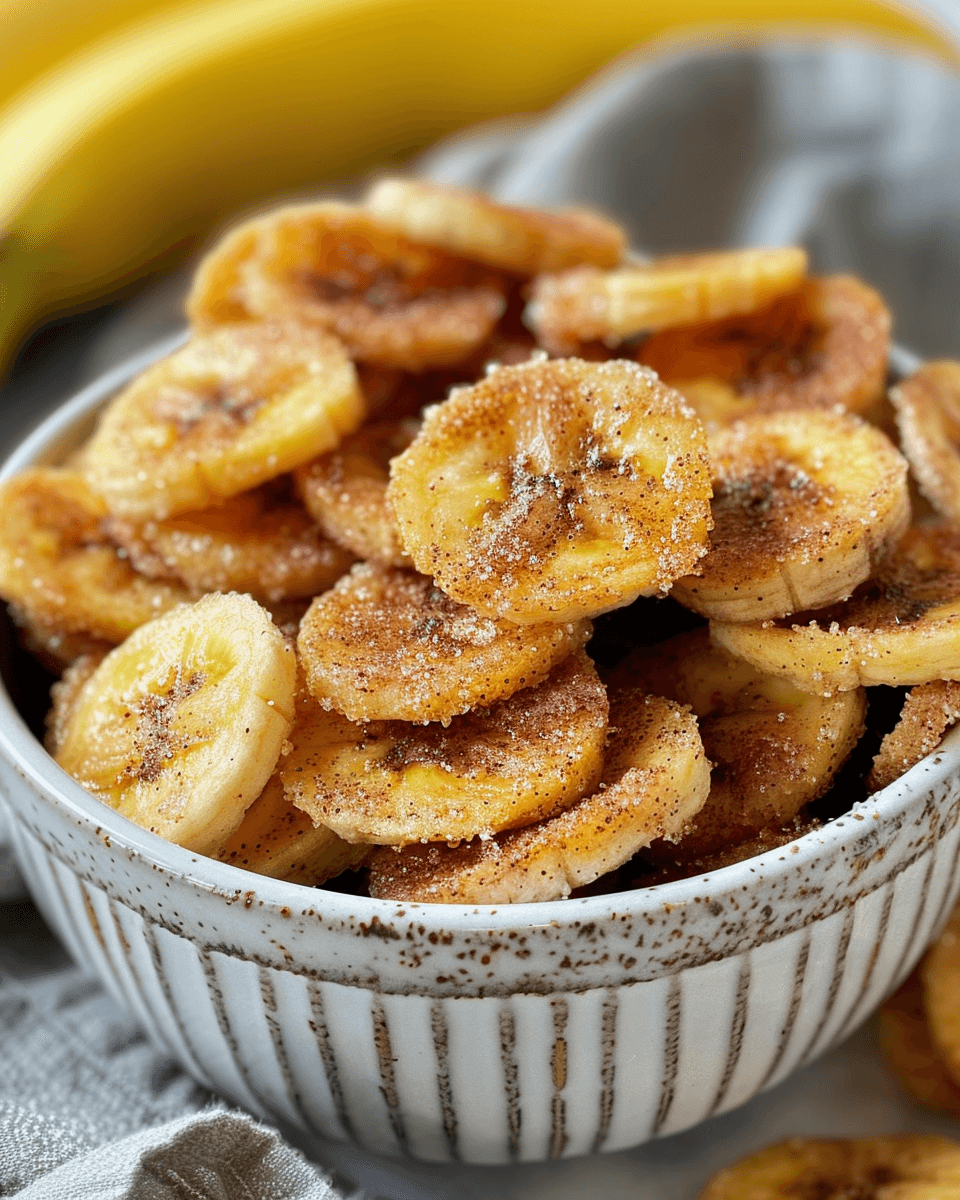 A bowl of crispy cinnamon-sugar air fryer banana chips, coated with a sweet and spiced mixture, served in a rustic dish.