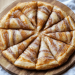 A cinnamon-sugar dessert made from crescent roll dough, sliced into triangular pieces and arranged in a circular pattern on a wooden board. The pastry has a golden, flaky texture, drizzled with a caramelized cinnamon-sugar glaze and dusted with sugar.