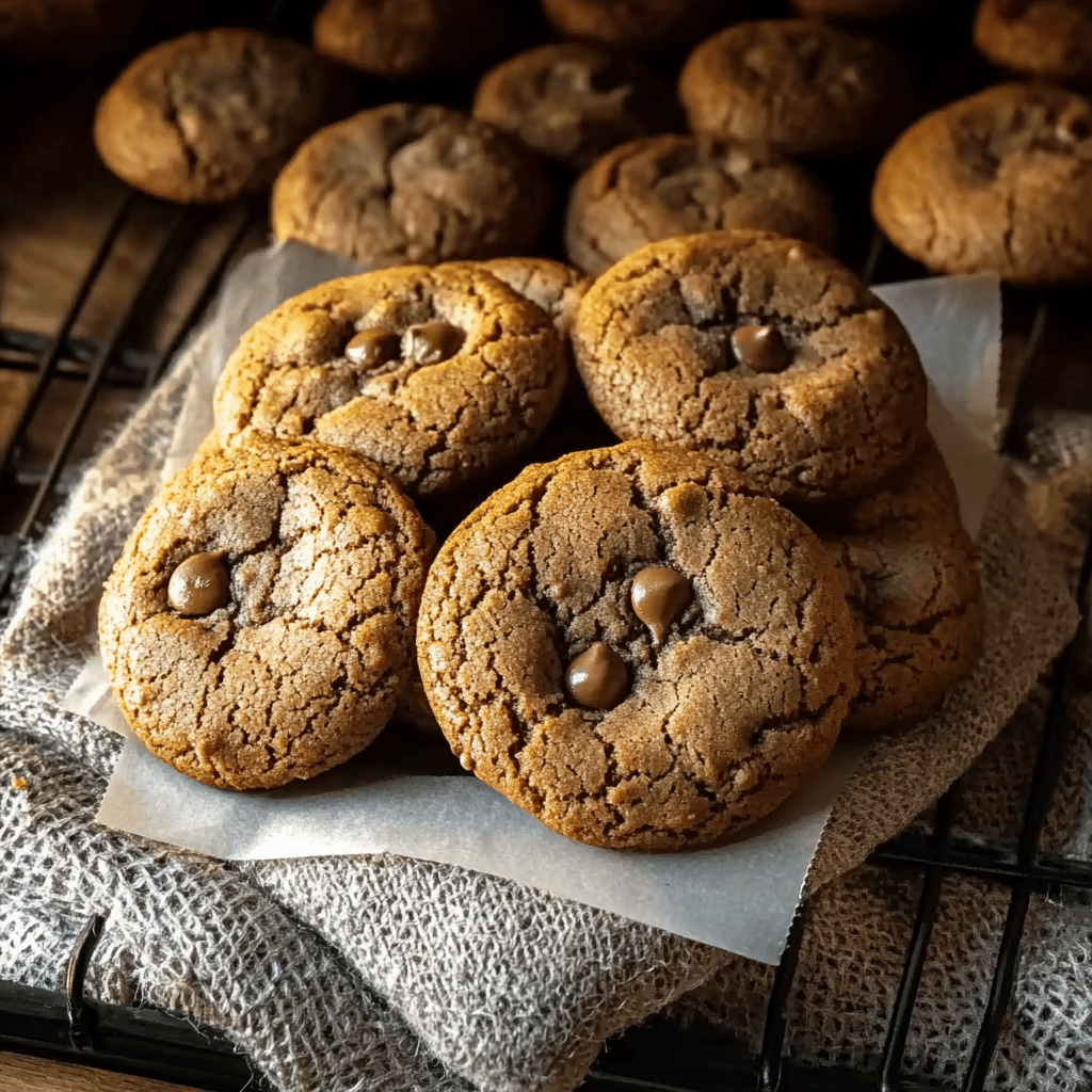 Freshly baked coffee cookies with chocolate chips, placed on parchment paper over a rustic wire rack.