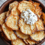 A bowl of crispy cottage cheese chips garnished with a dollop of cottage cheese and black pepper.