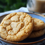 Close-up of thick and chewy peanut butter cookies with peanut butter chips on a plate