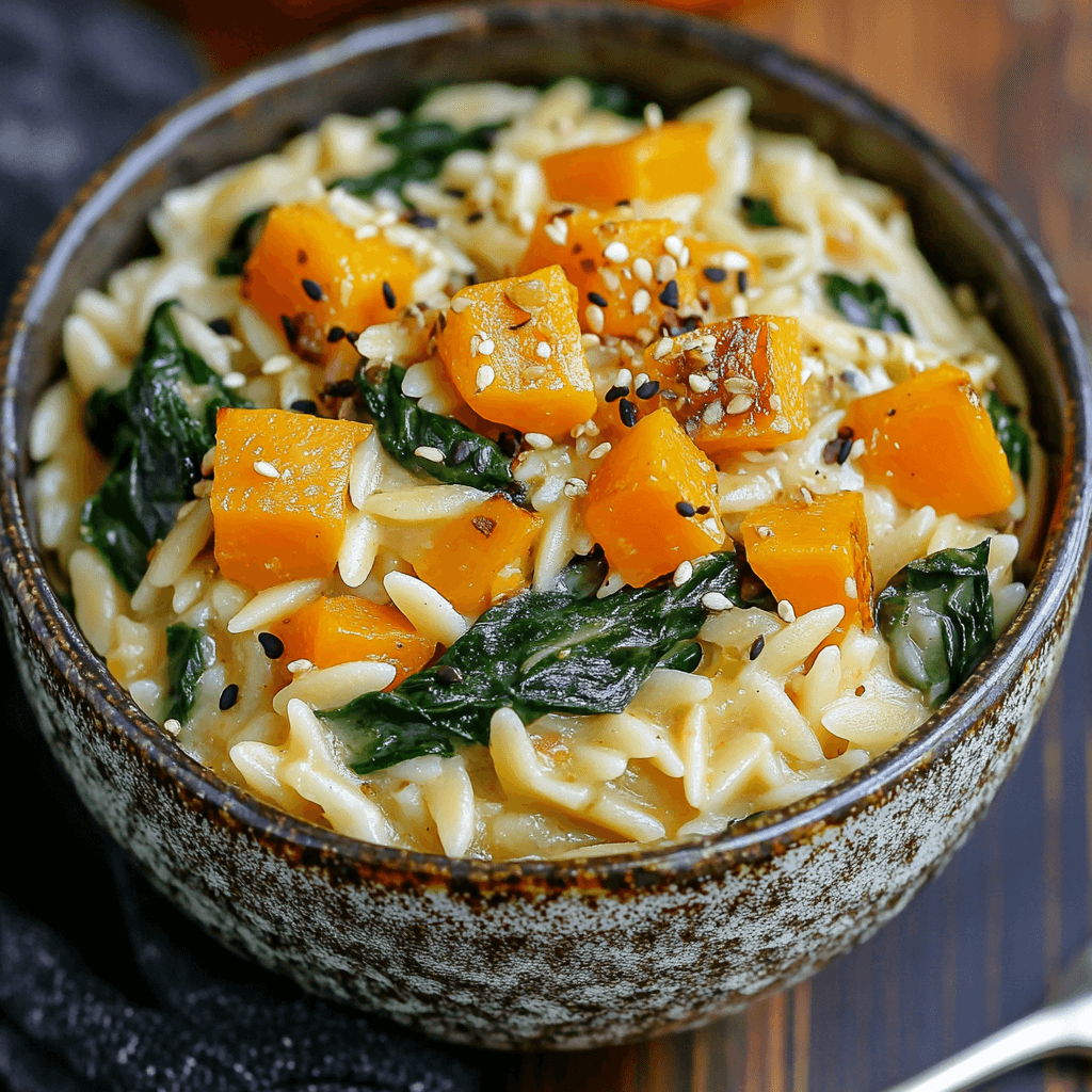 A bowl of creamy orzo topped with roasted butternut squash cubes, fresh spinach, and a sprinkle of sesame seeds.