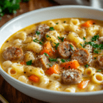 A creamy soup with Italian sausage, ditalini pasta, carrots, and fresh parsley, topped with Parmesan cheese and black pepper.