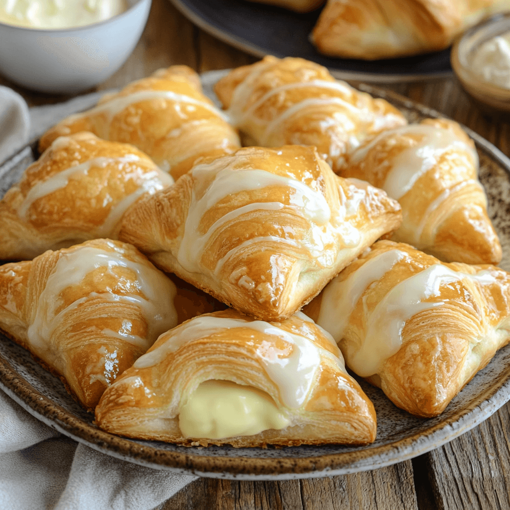 Golden brown crescent roll cheese danishes with a creamy filling and drizzled icing on a rustic plate