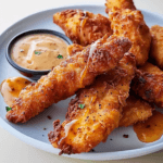 Golden, crispy chicken tenders served with a creamy honey mustard dip on a white plate.