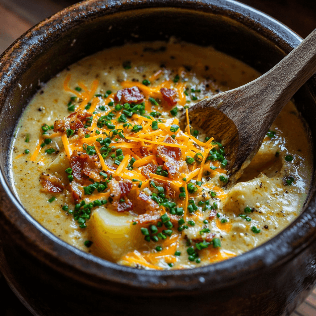 A hearty bowl of creamy potato soup topped with crispy bacon, shredded cheddar cheese, and fresh chives, with a wooden spoon resting inside the bowl.