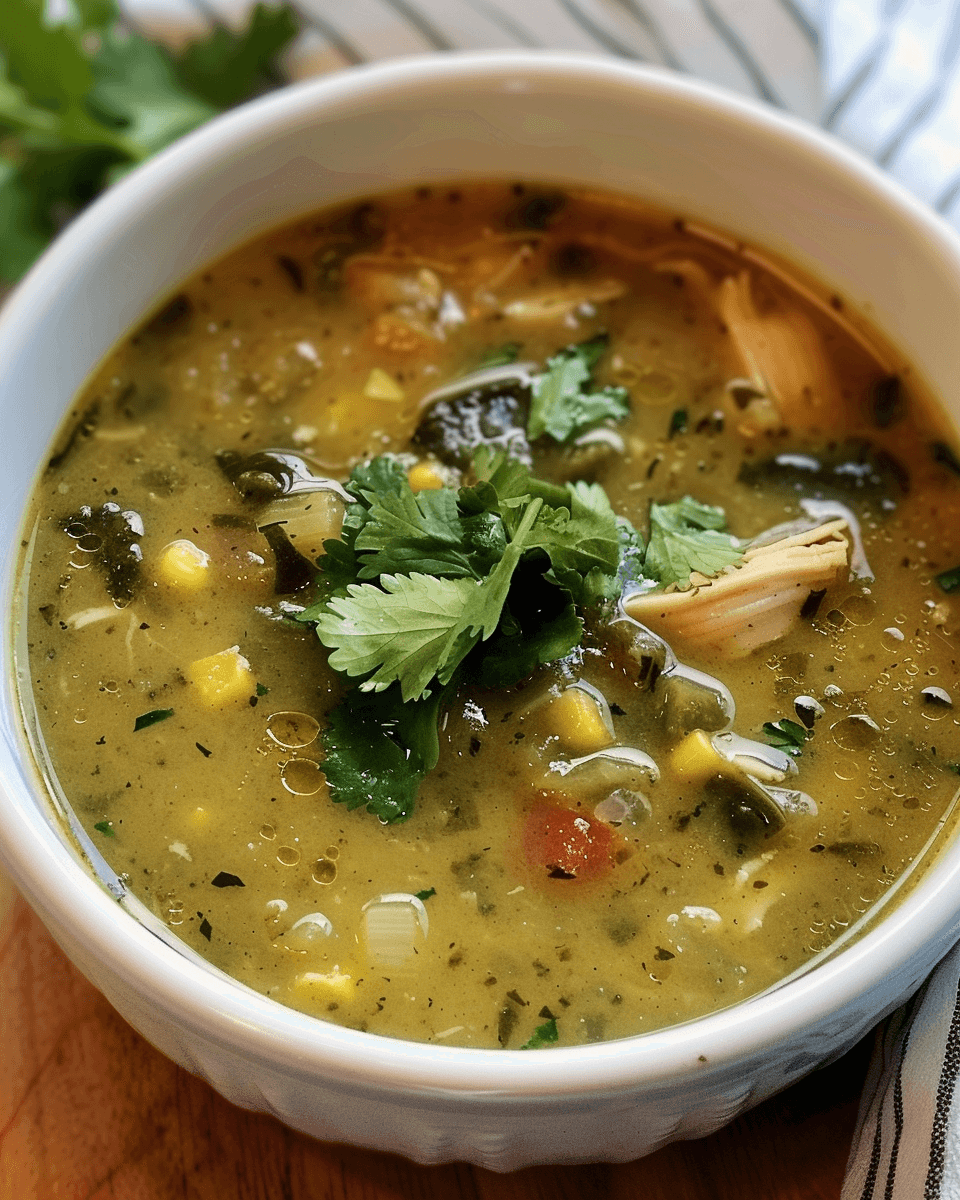 A bowl of Crock Pot Green Enchilada Chicken Soup with shredded chicken, corn, green enchilada sauce, and fresh cilantro garnish.