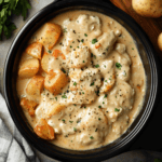 A bowl of Crockpot Ranch Chicken and Potatoes, featuring tender chicken and golden potatoes in a creamy ranch sauce, garnished with fresh parsley and black pepper.