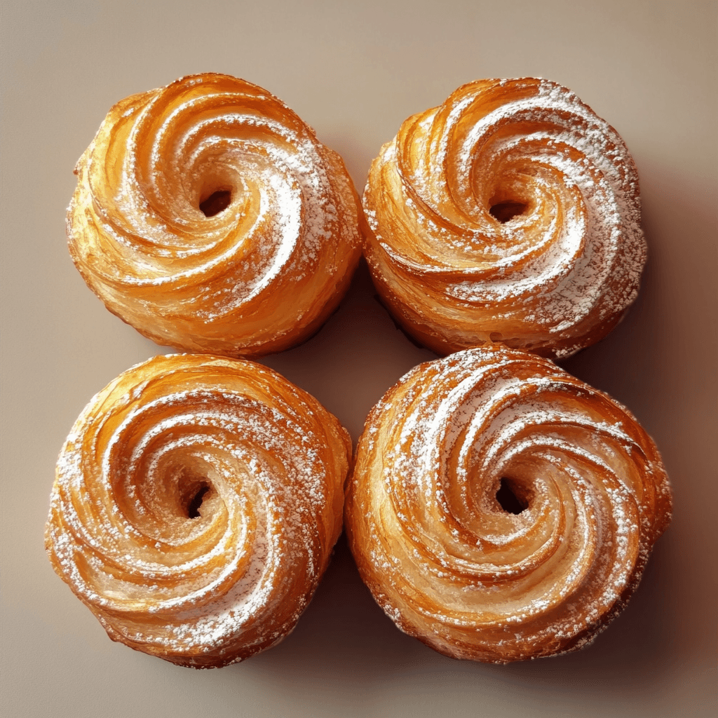 Four golden-brown cronut pastries with a spiral design, dusted with powdered sugar, arranged neatly on a neutral-toned surface.