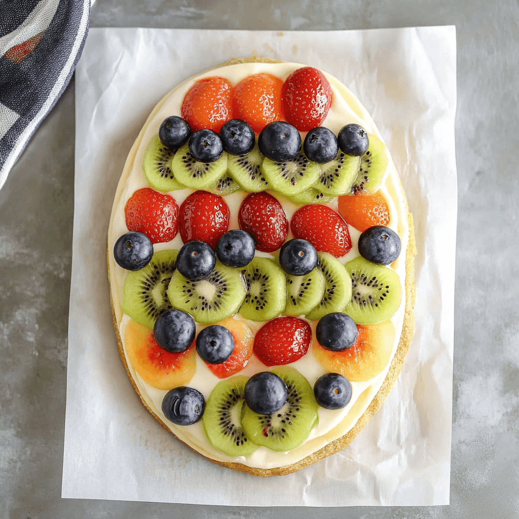 An Easter egg-shaped fruit pizza topped with colorful strawberries, kiwi slices, blueberries, and melon on a sugar cookie base with creamy frosting.