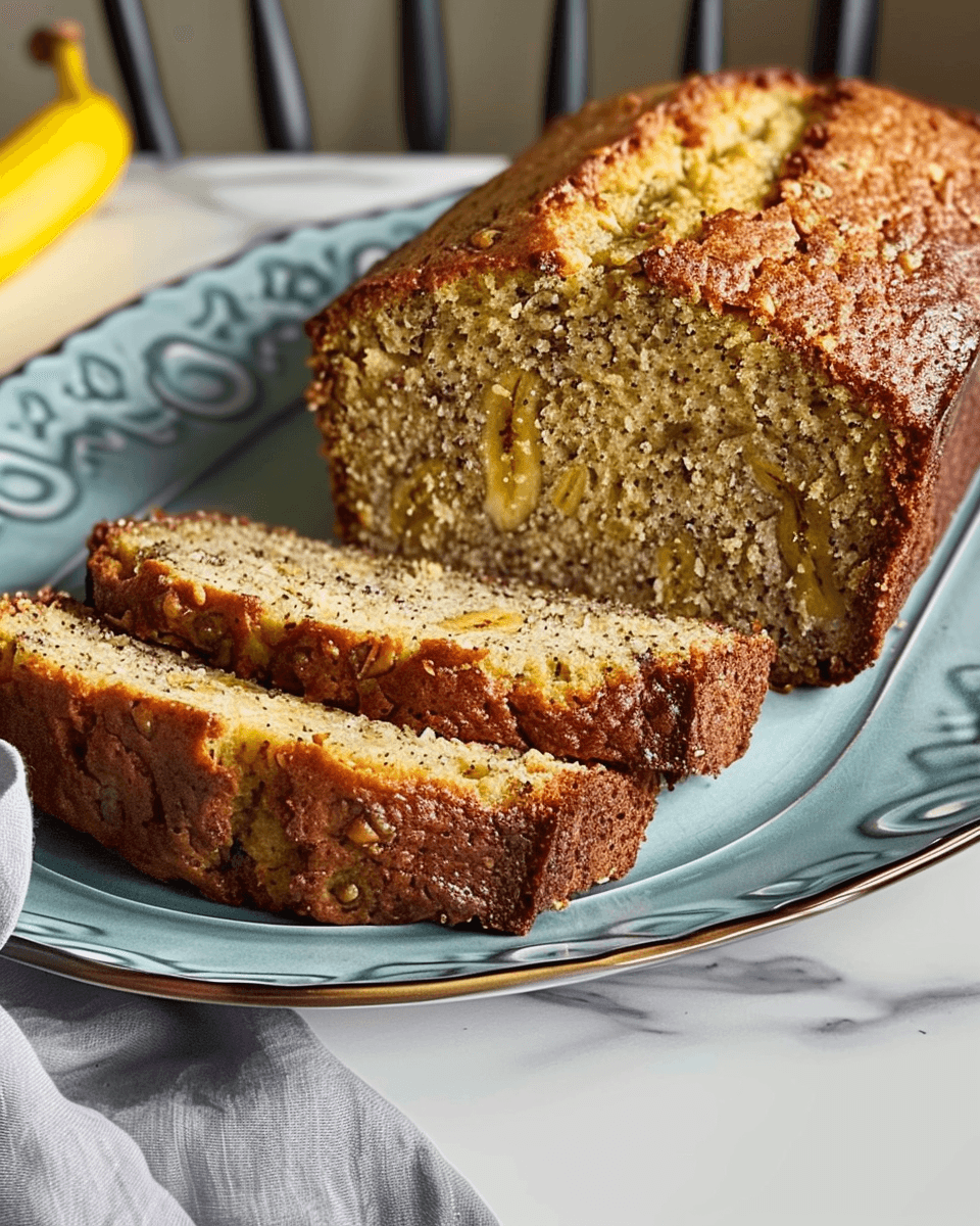 A loaf of banana bread with two slices cut, showcasing a moist texture and visible banana chunks on a decorative blue plate.