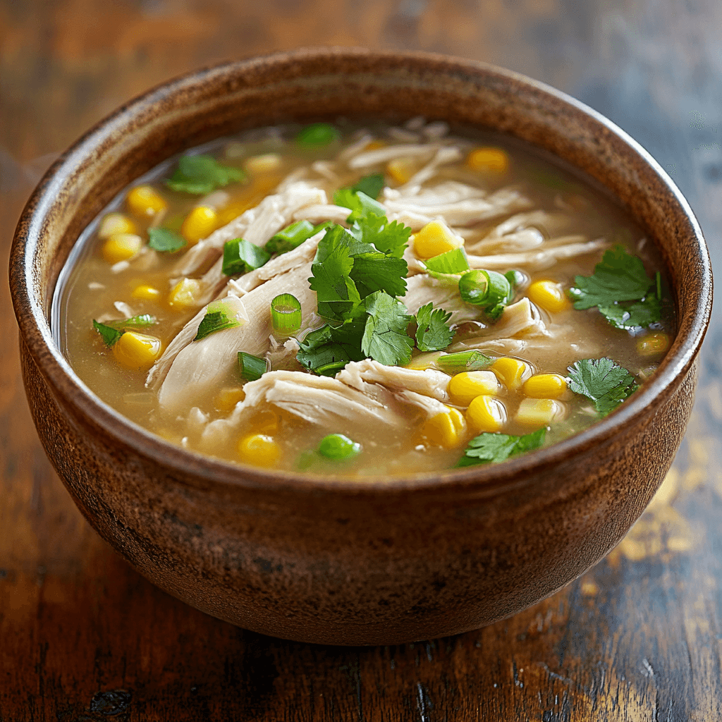 A bowl of chicken and sweetcorn soup garnished with fresh herbs and green onions