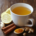 A cup of Flu-Fighting Tea surrounded by fresh ginger, lemon slices, cinnamon sticks, and a spoonful of turmeric powder.