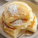 A stack of fluffy pancakes dusted with powdered sugar, served on a white plate with a fork and garnished with fresh mint.