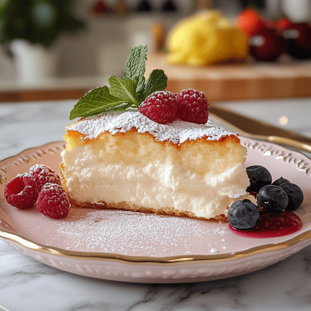 A slice of fluffy yogurt cloud cake topped with powdered sugar, fresh raspberries, blueberries, and a sprig of mint on a pink plate.