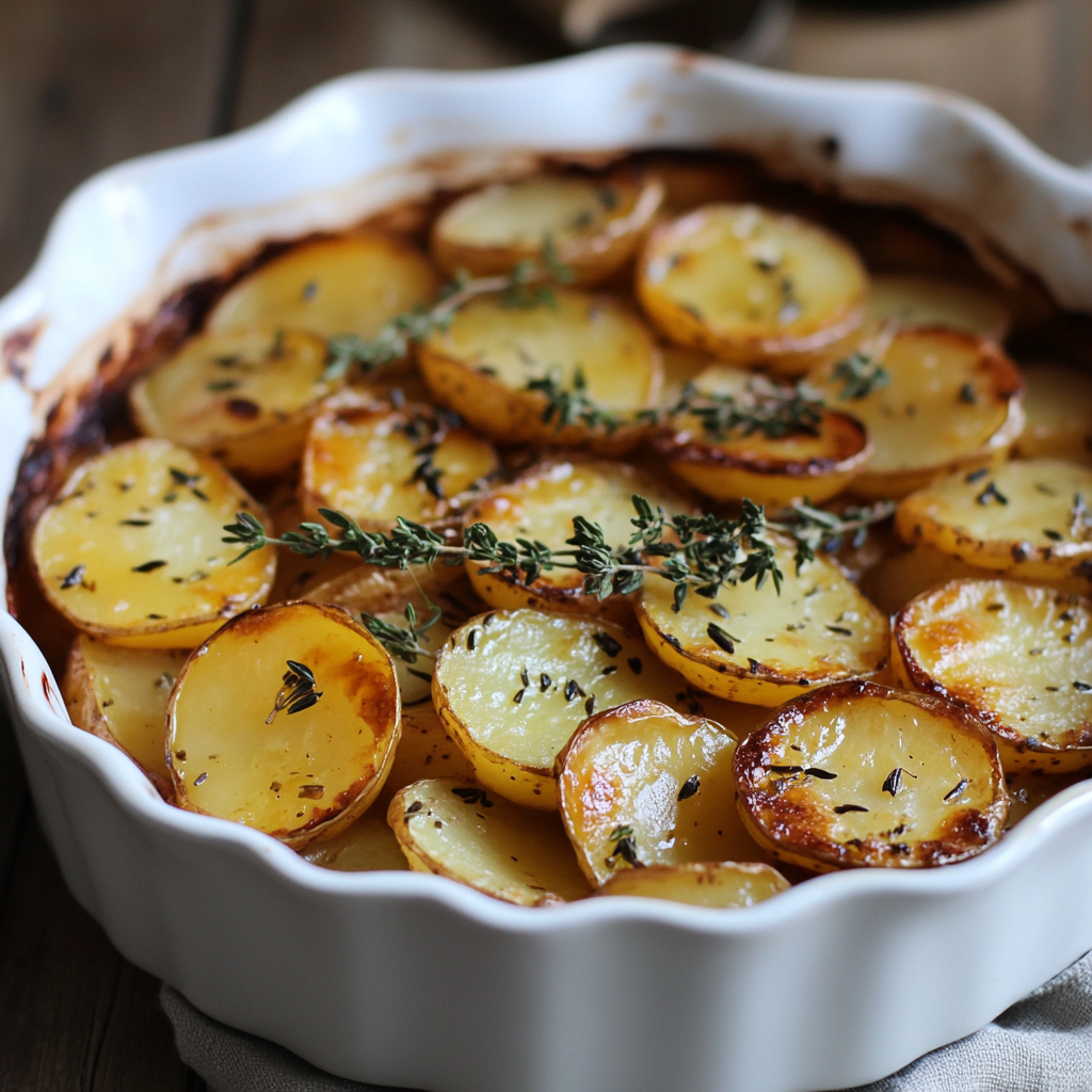 A golden potato bake garnished with fresh thyme in a white ceramic dish." Title: "Golden Balsamic Potato Bake with Thyme